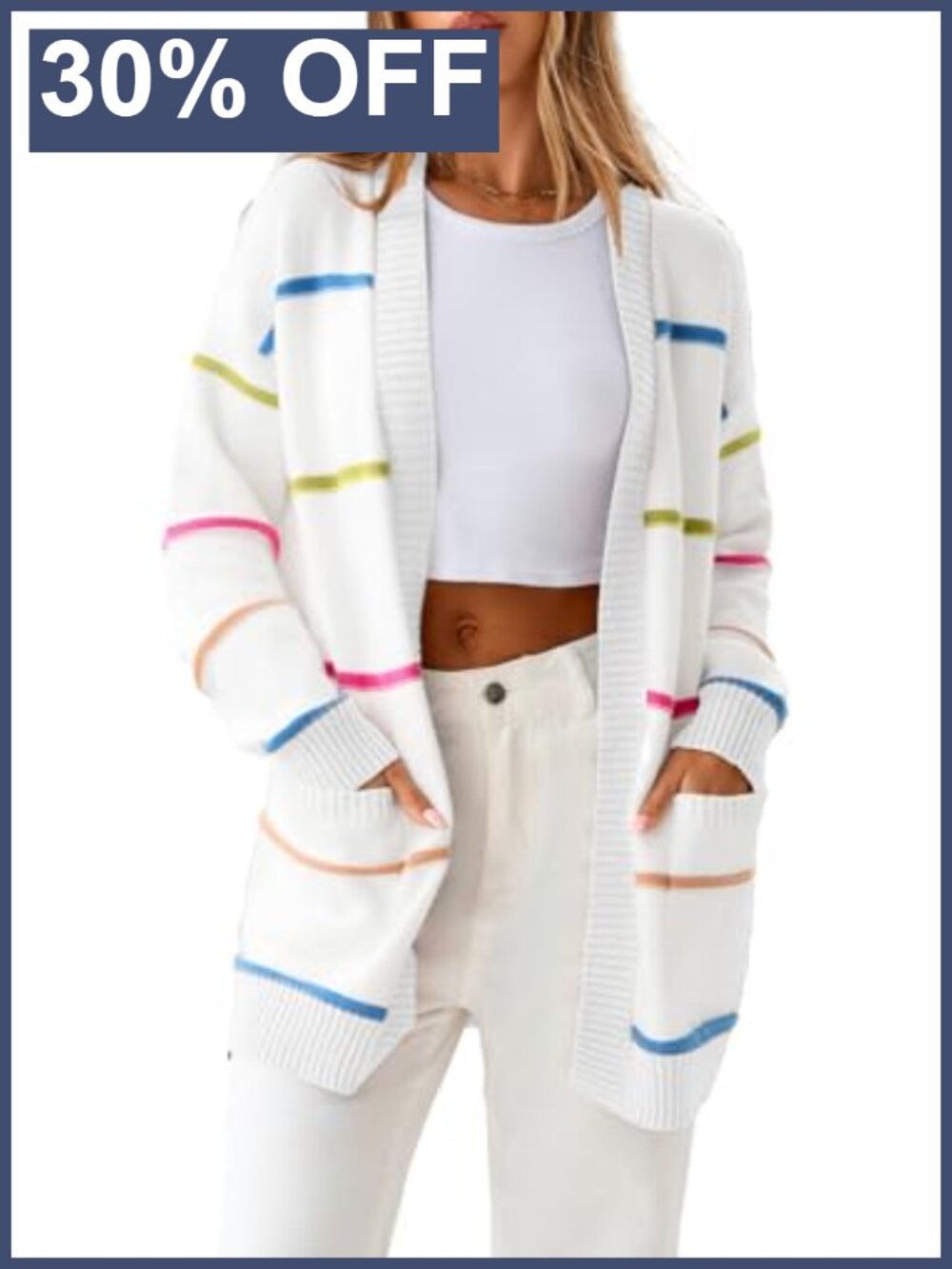 Open Front Striped Cardigan Sweater with Pockets